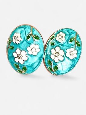 Floral Enamel Button Pair Turquoise Gold White Flowers Rhinestone Craft Jewelry